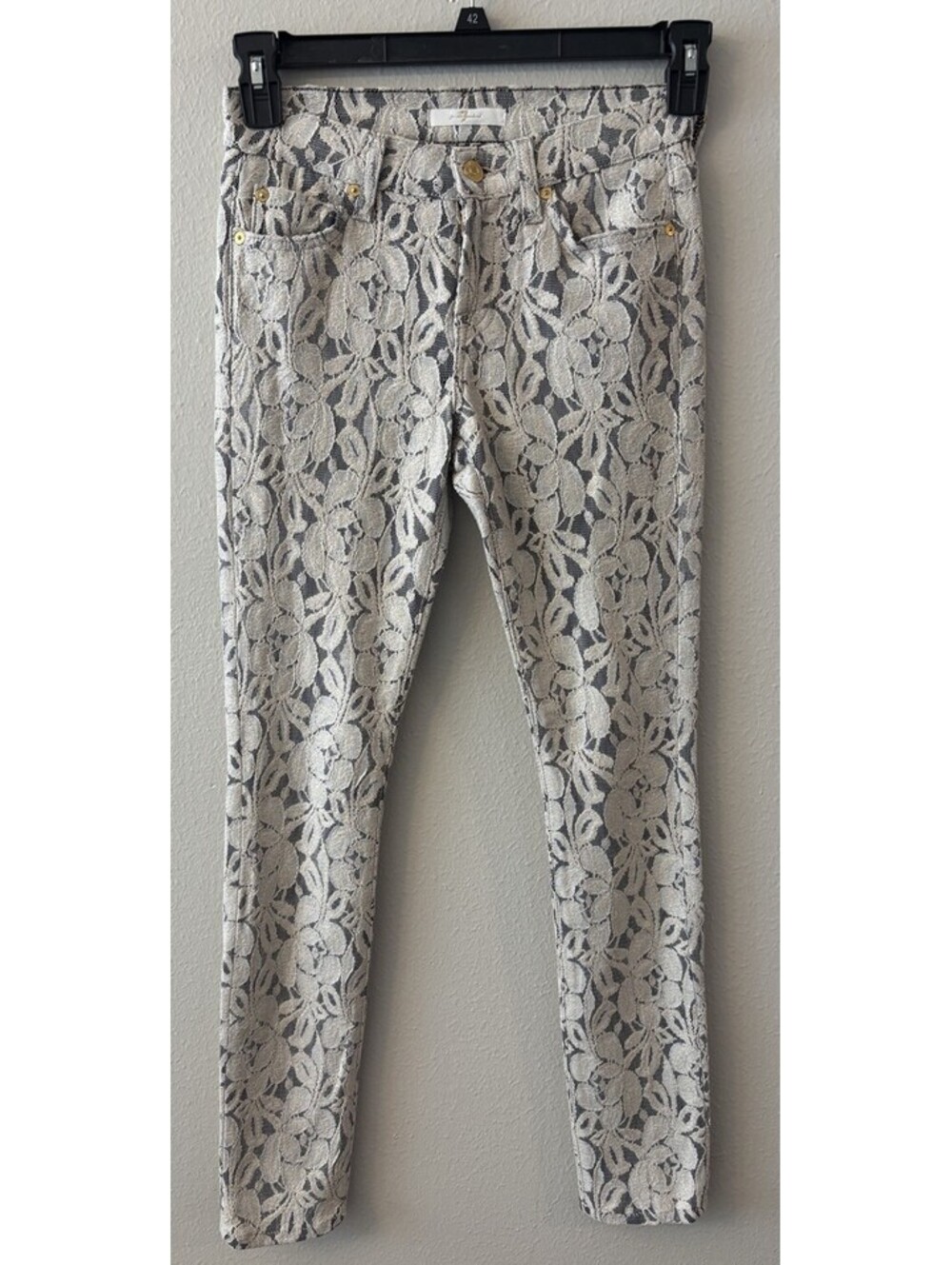 7 For All Mankind Women’s Floral Lace White&Gold Skinny Jeans 25